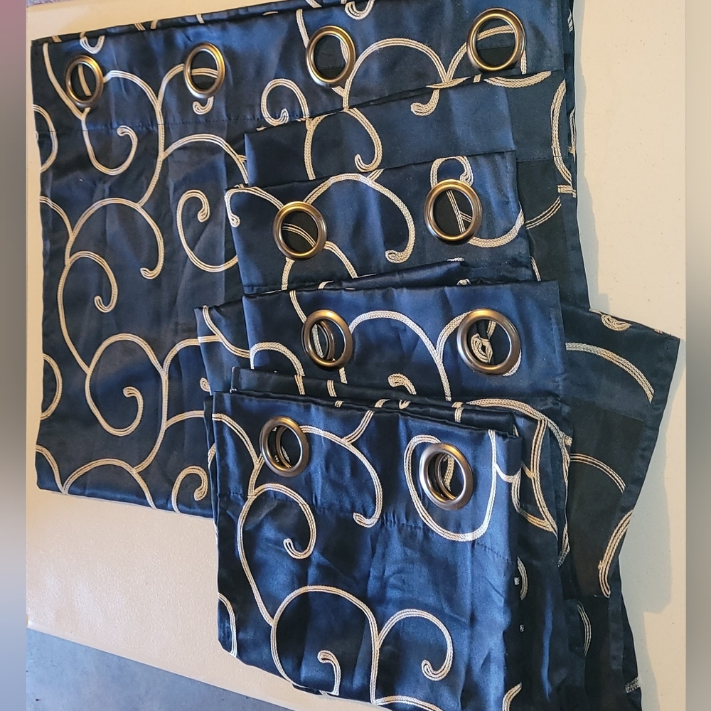 4 Navy Blue Satin Curtain Panels with Cream White Swirl Design, 26×84"